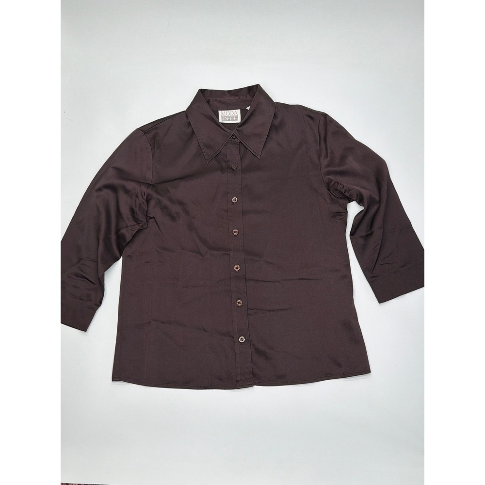 Moda International Womens 3/4 Sleeve Button Down‎ Blouse Chocolate Brown Silk  S